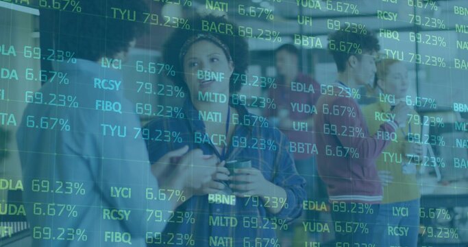 Discussing stock trends, office colleagues sipping coffee in break area with digital data overlay