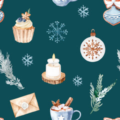 Watercolor Christmas Seamless Pattern with Snowflakes, Cupcake, Candle and Ornaments