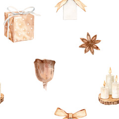 Watercolor Christmas Seamless Pattern with Gifts, Candles and Bows