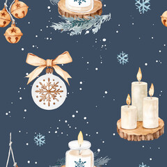 Watercolor Christmas Seamless Pattern with Candles and Ornaments