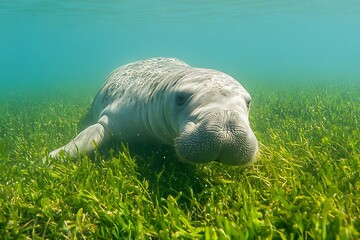 Exploring dugong underwater wildlife photography of sea cow grazing on seagrass ocean marine life animal photo