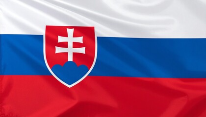 Obraz premium Slovakia national flag with horizontal white, blue, and red stripes and left-side coat of arms featuring white double cross on three blue hills within red shield, symbolizing Christianity and regional