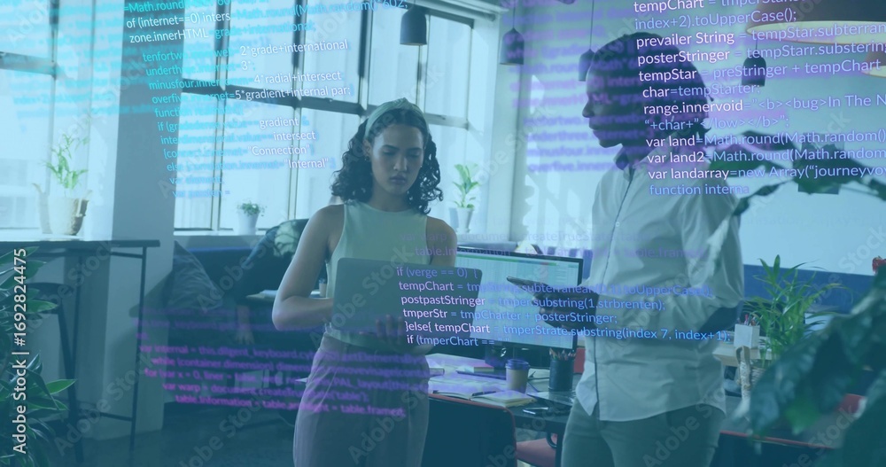 Poster collaborating colleagues coding on laptop and tablet in modern office, with floating code lines