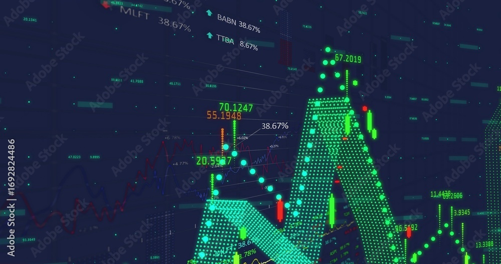 Poster displaying neon green graph surface undulating in dashboard, with candlestick bars and line graphs