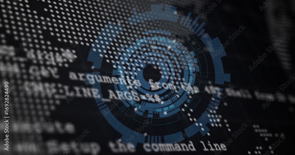 Poster blue circular interface overlay hovering in digital interface, with white code text and dotted map