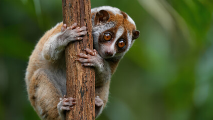 Obraz premium A Gentle Sunda Slow Loris Clinging to a Branch A Vulnerable Primate's Grip on Survival in the Rainforest A Close Up of an Arboreal Creature with Large Eyes