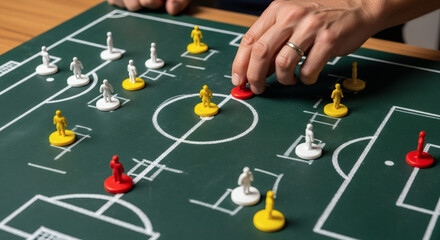 A person's hands strategically move red and yellow player pieces on a miniature green soccer field game board, simulating a match.