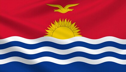 Kiribati national flag with red field, yellow frigatebird flying over rising sun with seventeen rays, above three white and three blue wavy bands, symbolizing island geography, ocean, and cultural ide
