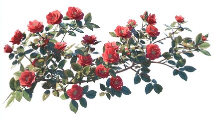 Blooming red rose bush with lush branches on a white background