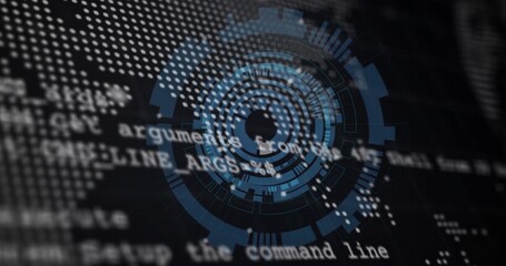 Blue circular interface overlay hovering in digital interface, with white code text and dotted map
