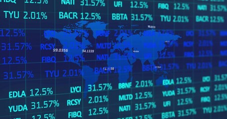 Showing world map overlay on financial analytics screen, with ticker symbols and percentage figures