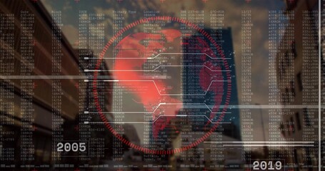 Projecting red globe interface over street with towers, data overlays, nodes and 2005-19 timeline