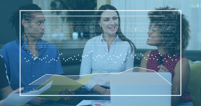 Four colleagues collaborating in office lounge, reviewing charts and data on laptop with coffee mug
