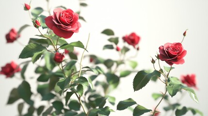 Stunning red rose with green leaves on a white background, symbolizing love and beauty