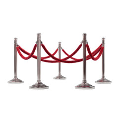 Elegant red rope barriers set up for a prestigious event in a spacious venue during the evening to direct guest flow