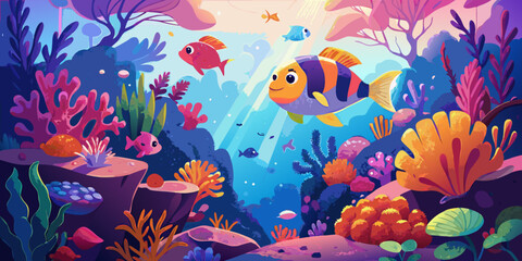 Naklejka premium A vibrant school of tropical fish swim in a blue underwater coral reef