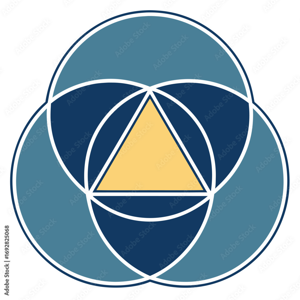 Poster intersecting circles and triangle geometric abstract design in blue and yellow shape