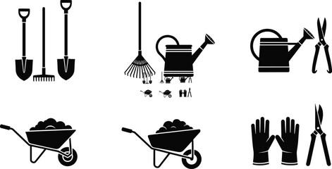 Black silhouette gardening tools icons including shovel, rake, watering can, wheelbarrow, pruning shears, gloves, garden equipment, vector illustration, isolated on white background