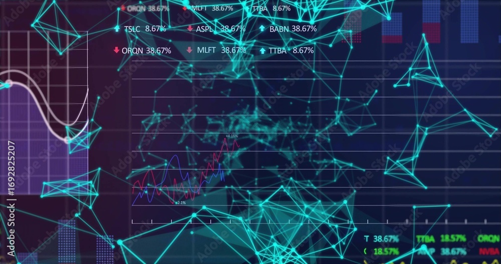 Poster displaying teal nodes and lines on grid, with line chart and scrolling stock percentage tickers