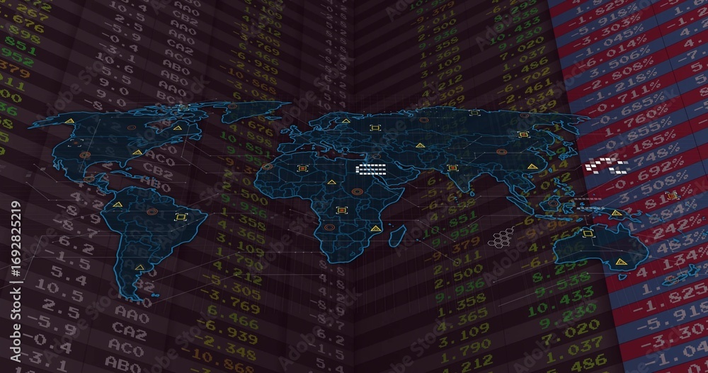 Poster neon-blue world map highlighting rotating columns in data dashboard, with geometric data markers