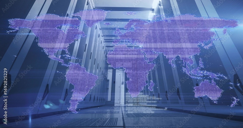 Poster projecting holographic world map in data center with server racks, floor grates and floating code