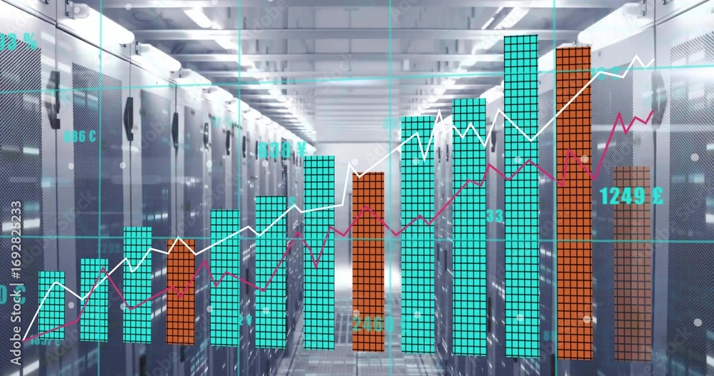 Poster projecting translucent digital bar and line graphs across server room corridor, with led panels
