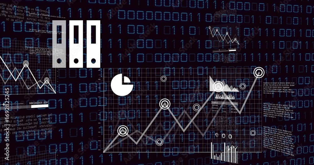 Aufkleber white line graph rising in interface, with binder icons, charts and code over binary background