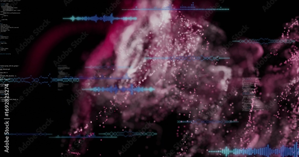 Poster animating pink cloud swirling in virtual cyberspace, with blue audio waveforms and code snippets