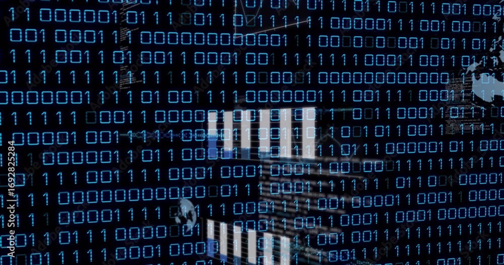 Aufkleber displaying translucent binary digits flowing across glass skyscraper facade, with wireframe globe
