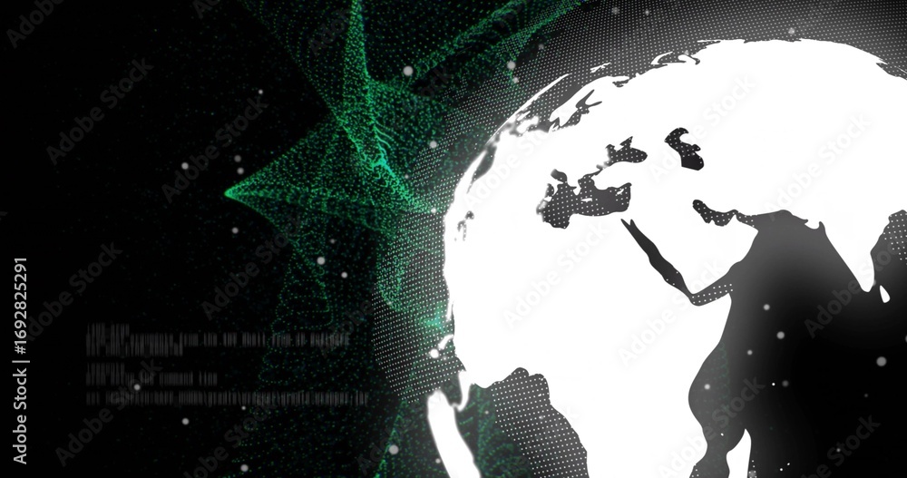 Poster displaying white globe overlaying green mesh particle dots and text patterns in network, copy space