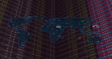 Neon-blue world map highlighting rotating columns in data dashboard, with geometric data markers