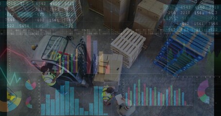 Forklift operator wearing safety vest moving pallet in warehouse with chart overlays, copy space