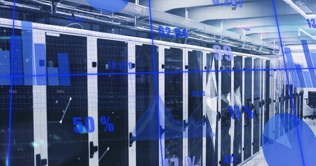 Displaying white server cabinets lining climate control data center corridor, with digital overlays
