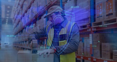 Warehouse worker applying packing tape to cardboard box in warehouse, with dispenser and overlay