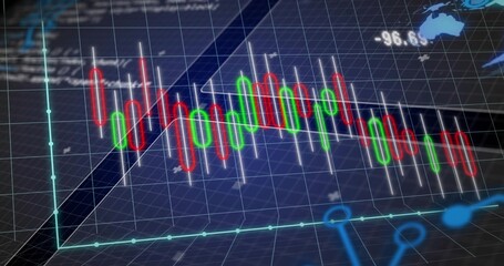 Displaying red and green candlestick bars fluctuating on dark blue grid plane, with turquoise axes