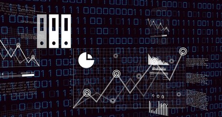 White line graph rising in interface, with binder icons, charts and code over binary background