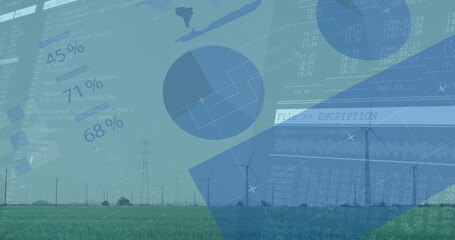 Featuring wind turbines rotating on farmland horizon with crop rows, power towers and data overlays