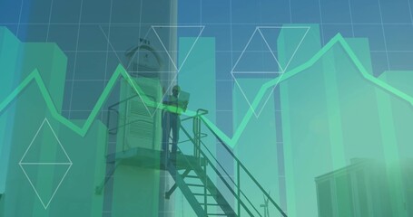 Inspecting tech wearing helmet and vest on roof staircase, with tablet, data overlays on HVAC units