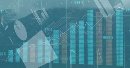Merging bar and line charts overlaying mountain range, with grid and currency symbols
