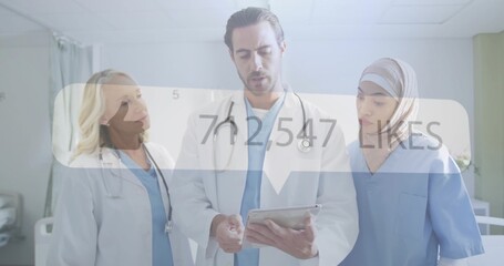 Reviewing team wearing scrubs using tablet in hospital room, with overlay showing 702,547 LIKES