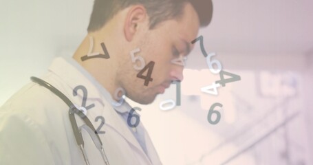 Doctor wearing lab coat reading data in clinic, with stethoscope, floating numerals, copy space