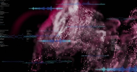 Animating pink cloud swirling in virtual cyberspace, with blue audio waveforms and code snippets