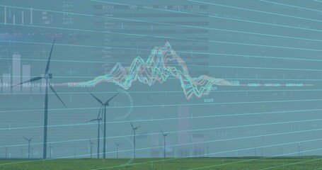 Spinning wind turbines on grassy plain under overcast sky, with digital stock market chart overlay