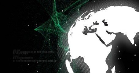 Displaying white globe overlaying green mesh particle dots and text patterns in network, copy space