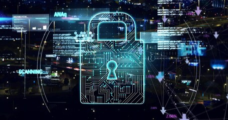 Projecting neon-blue circuit padlock icon scanning highway interchange at night, with data streams