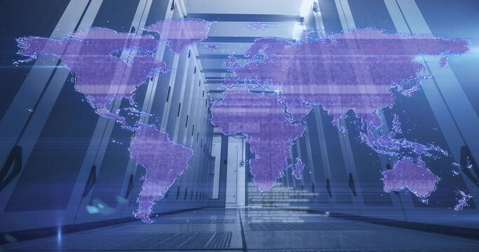 Projecting holographic world map in data center with server racks, floor grates and floating code