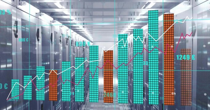Projecting translucent digital bar and line graphs across server room corridor, with LED panels