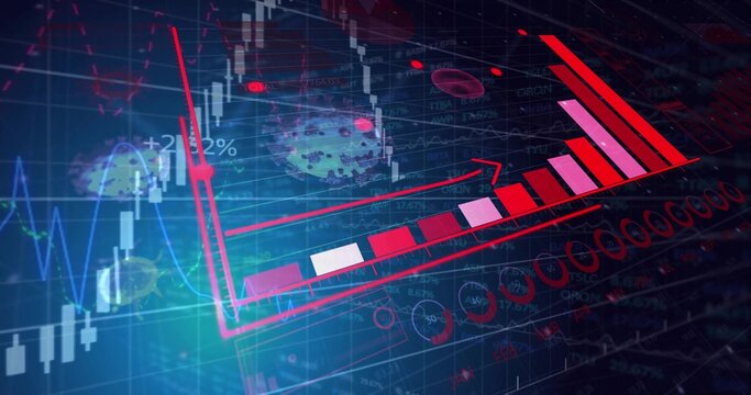 Displaying rising red and pink bar chart with arrow on digital grid, candlesticks, +25 - Powered by Adobe