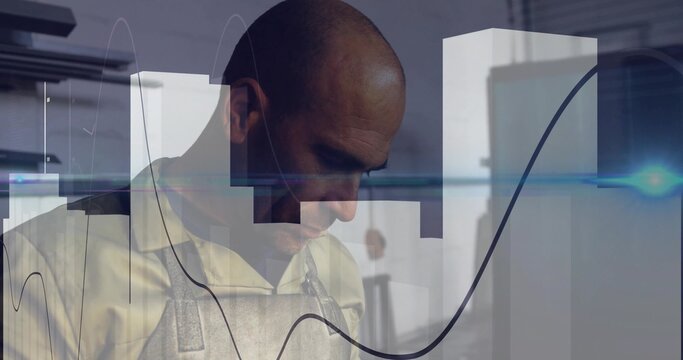 Crafting male craftsman shaping metal at metalworking bench, with leather apron and data overlay