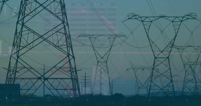 Displaying steel pylons stretching power lines across dusk land, featuring building, chart overlay